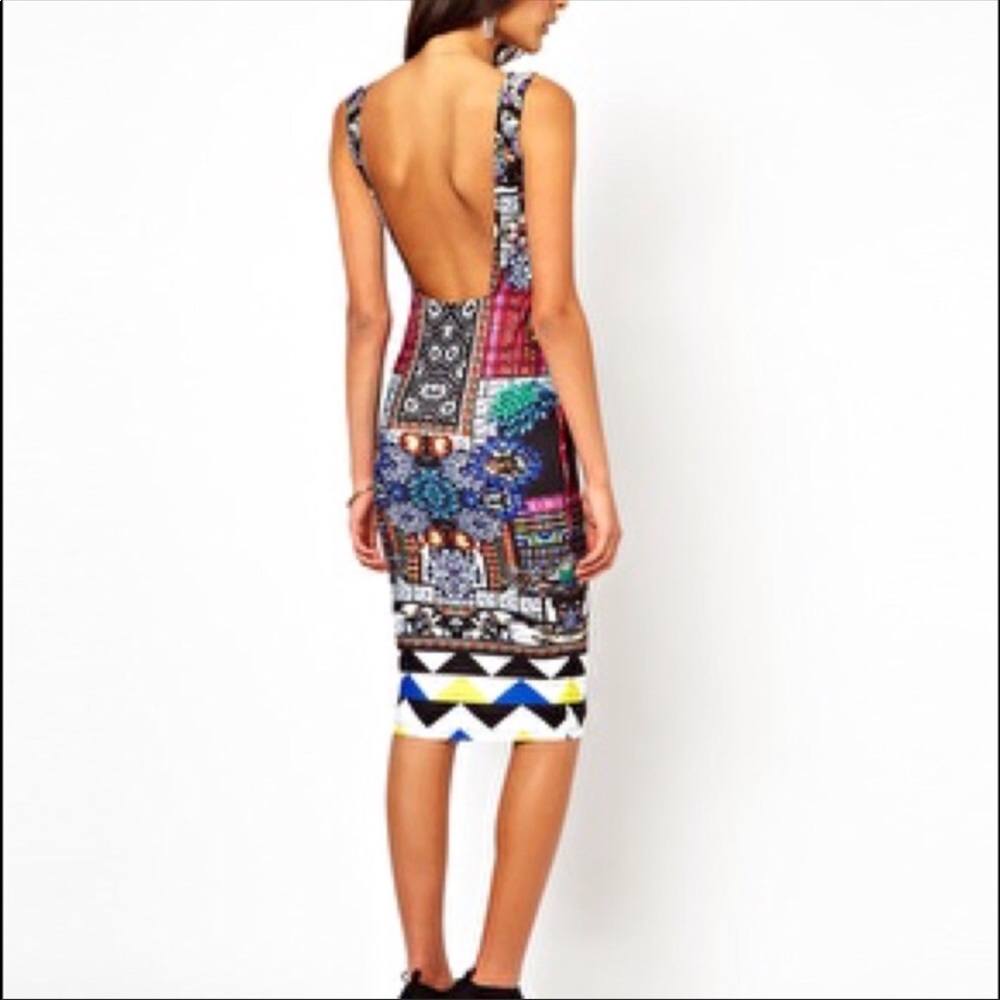 Asos jewel print bodycon midi dress scoop back NWT